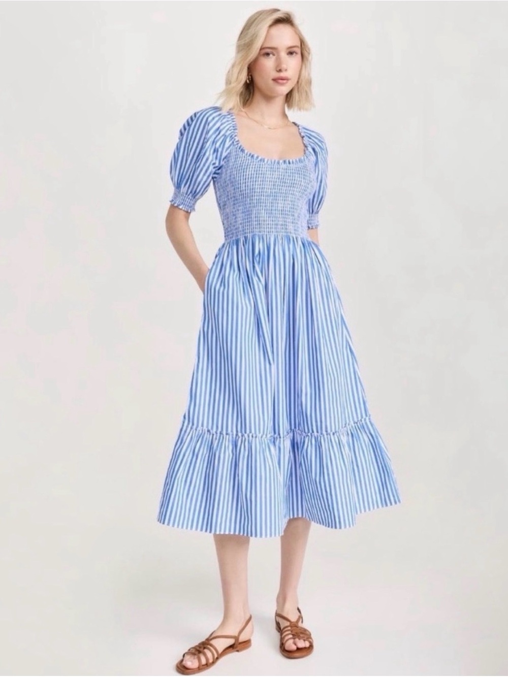 Hill House Home The Nap Dress Blue White Stripe Smocked Midi Dress XS